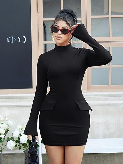 Women's Long Sleeve Mock Turtle Neck Bodycon Mini Tank Short Party Dress